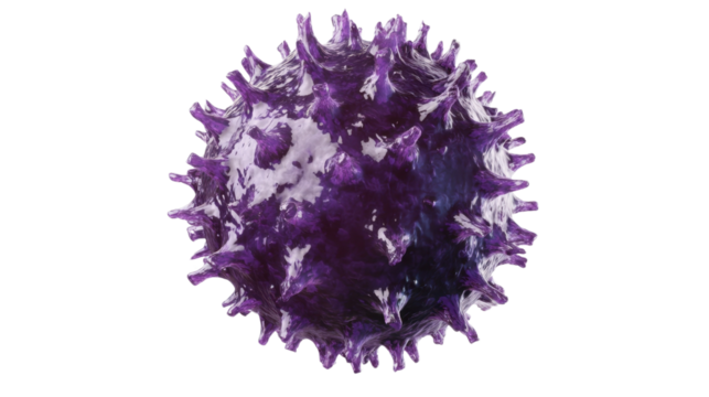 Purple and black splashes collide in a 3D ink design with green and virus-like shapes on a white background