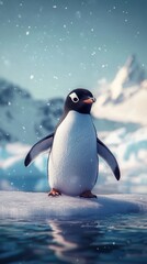 Naklejka premium A cute penguin on ice and snow in winter with icebergs in the background