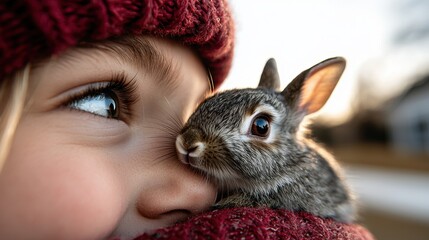 Naklejka premium A little girl holding a small rabbit in her arms