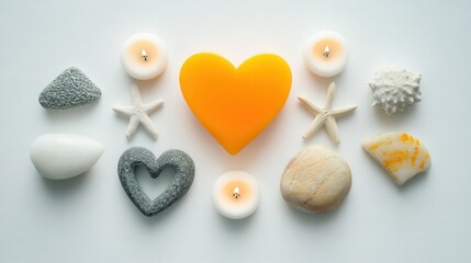 Arrangement of decorative stones, candles, and a heart-shaped soap on a light background