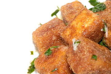 Well Season Batter Fried Tofu Chunks on White Background