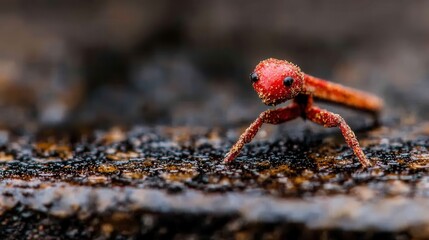 A small red ant crawling on a wet surface