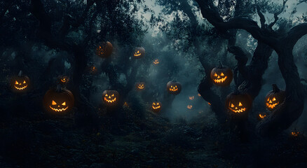 A dark, eerie forest filled with glowing jack-o'-lanterns hanging from twisted tree branches. The deep blue atmosphere and orange pumpkin glow create a chilling Halloween vibe.