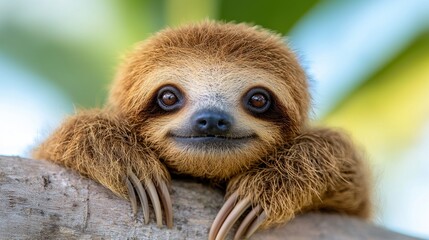 Naklejka premium A baby sloth is sitting on a tree branch