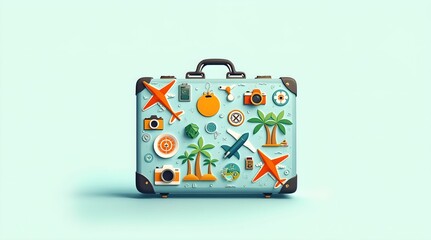 A bright suitcase surrounded by travel-themed elements and tropical landscapes. Illustrated on a white background.