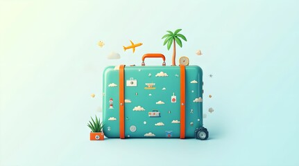 A bright suitcase surrounded by travel-themed elements and tropical landscapes. Illustrated on a white background.