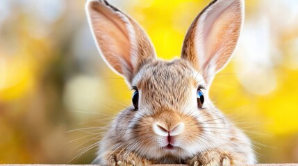A close up of a rabbit peeking over a fence