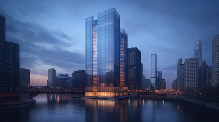 Fototapeta premium City Skyline at Blue Hour with Modern High-Rise Buildings