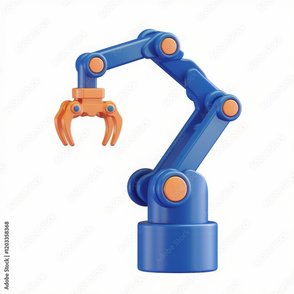 Poster A 3D rendering of a blue robotic arm with an orange claw, isolated on a white background.