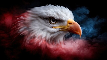 Fototapeta premium A bald eagle with red, white and blue smoke coming out of its beak