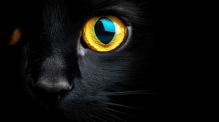  A close up of a black cat's face with yellow eyes