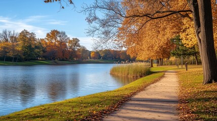 A scenic neighborhood lake with a running trail and small fitness stations around its edge.