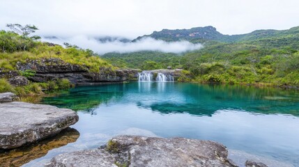 Misty Mountain Waterfall and Lake