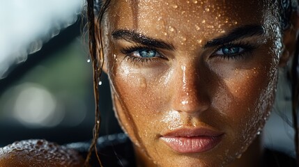 A woman with wet hair and blue eyes in the rain
