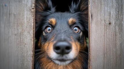 Fototapeta premium A dog peeking out from behind a wooden fence