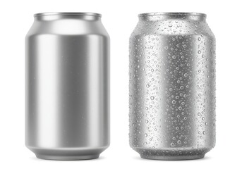 Sleek aluminum beverage cans one dry and the other with water droplets isolated on white background