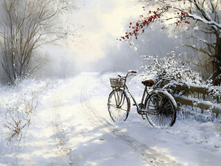 Obraz premium Winter bicycle thin snow scene delicate frost branch soft lighting vintage bike serene snowy landscape chilly wallpaper sport advertising banner travel explore marketing invitation greeting card
