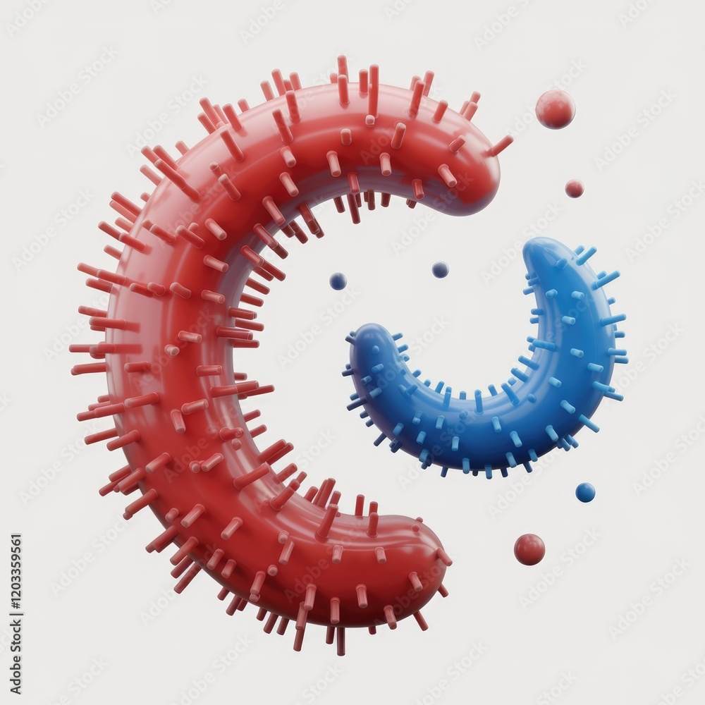 Poster abstract 3d render of two vibrant, spiky, curved shapes in red and blue, reminiscent of microscopic 