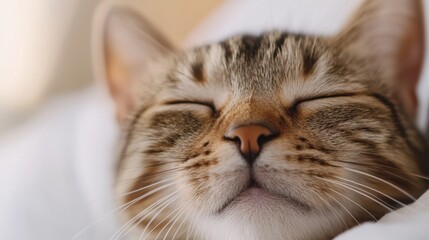 A close up of a cat sleeping on a bed