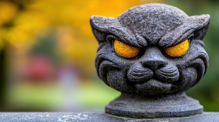 Fototapeta premium A close up of a statue of a cat head with yellow eyes