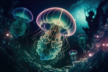 Glowing jellyfish gracefully swim in dark ocean depths, creating an ethereal underwater scene.