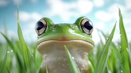 A green frog sitting in the grass with water droplets on its eyes