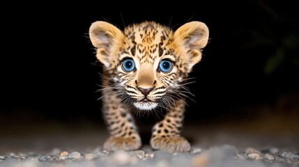 Fototapeta premium A small leopard cub with blue eyes walking on the ground