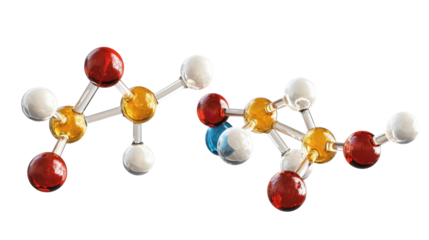 Colorful Easter eggs on a white surface with a molecular structure representing chemistry and pharmaceutical elements like atoms, carbon, hydrogen, and oxygen