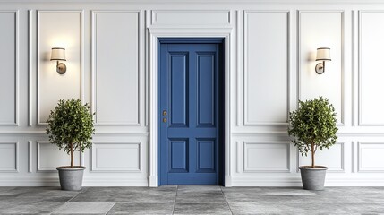 Fototapeta premium Blue door in a white paneled hallway.
