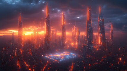 Futuristic city sunset, fiery towers, stormy sky, game background