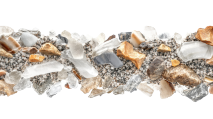 A detailed close up of a decorative gravel horizontal border, isolated on a clear white background. The gravel is multicolored, featuring shades of grey, white, and brown, with