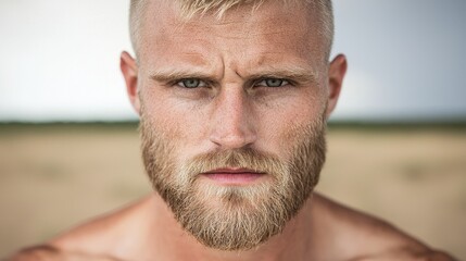 Obraz premium A man with a bald head and a beard stares at the camera