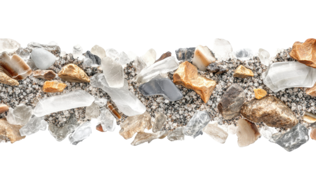A detailed close up of a decorative gravel horizontal border, isolated on a clear white background. The gravel is multicolored, featuring shades of grey, white, and brown, with