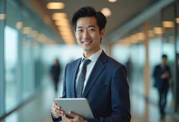 Young Japanese businessman holding a tablet computer in an office hallway with blurred background