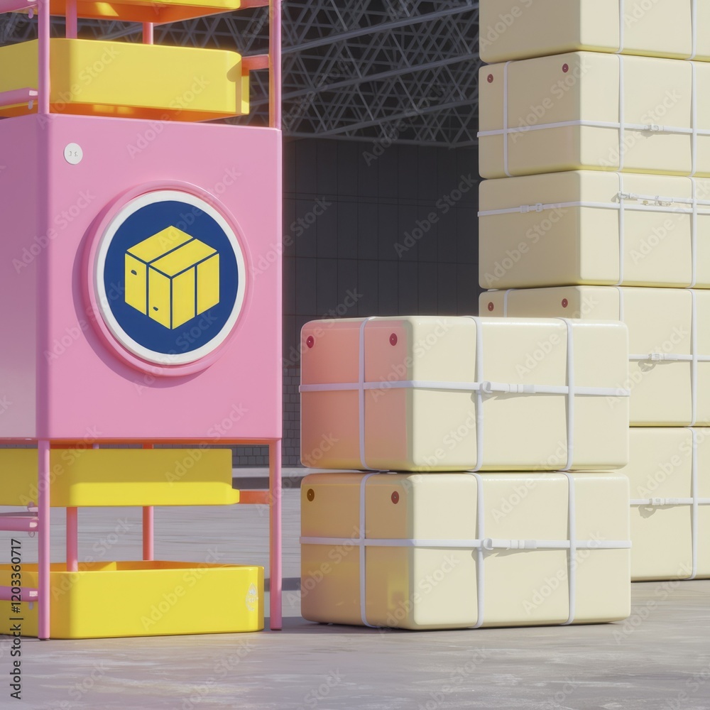 Poster a stylized illustration of a colorful storage unit and neatly stacked packages, symbolizing efficien