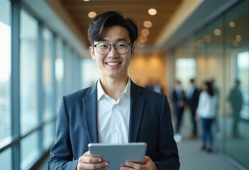 Young Japanese businessman holding a tablet computer in an office hallway with blurred background