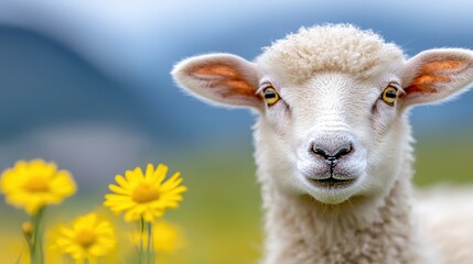 Fototapeta premium A close up of a sheep in a field of yellow flowers