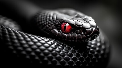 Fototapeta premium A close up of a black snake with red eyes