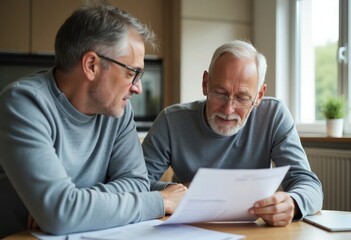 An elderly man and his son are filing taxes using paperwork at home