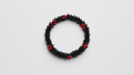 Minimalist Black Christmas Wreath with Red Berries on White Background for Modern Holiday Decor and Seasonal Celebrations