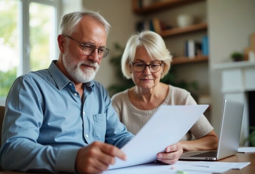 An old man and his wife are doing taxes at home using paperwork