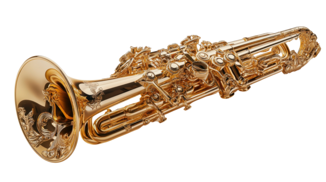 Trumpet on black and white backgrounds featuring a shiny brass musical instrument with valves and mouthpiece commonly used in jazz and classical bands