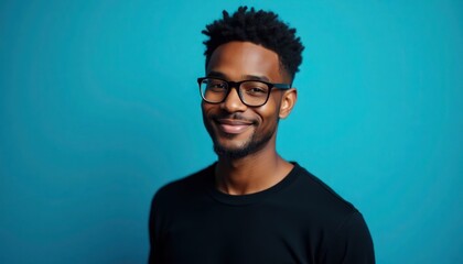 Obraz premium A young black African American man wearing eyeglasses and a black sweater is on blue studio background