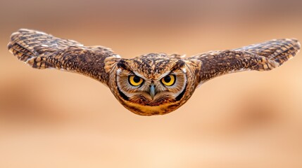 Obraz premium an owl flying through the air with its wings spread