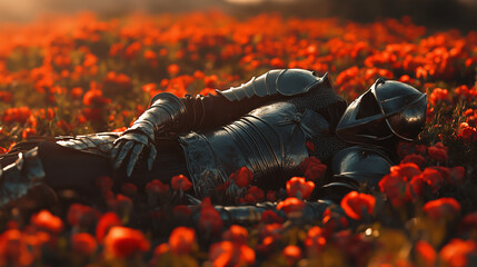 Fallen knight, ornate armor discarded among red flowers