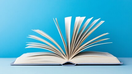 Open book with pages fanned out against a blue background.