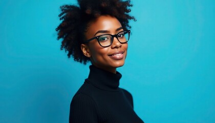 A young black African American woman wearing eyeglasses and a black sweater on blue studio background