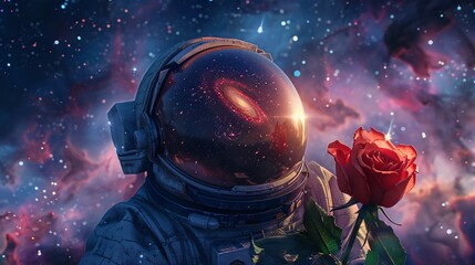 A rose blooming from a damaged astronaut helmet drifting in space, with a vivid backdrop of galaxies and nebulae, photorealistic 8k render with volumetric lighting