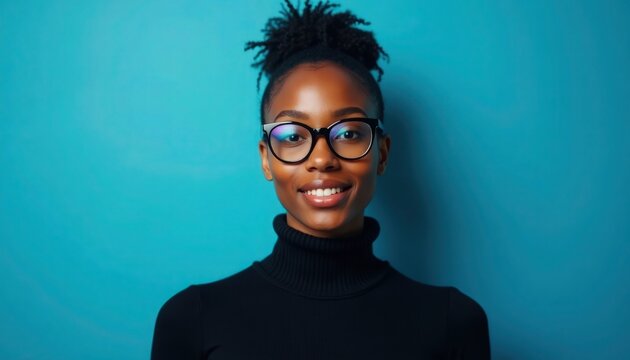 A young black African American woman wearing eyeglasses and a black sweater on blue studio background