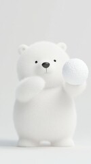Cute Fluffy Polar Bear Holding a Snowball on a Minimalist White Background in a Studio Setting